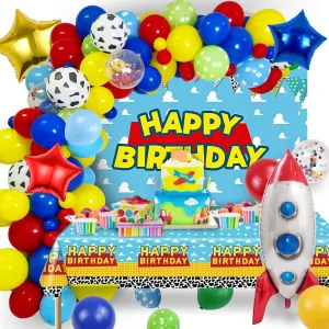 Balloon Arch$ Backdrop$ Tablecloth and Rocket Balloons$ Toys Inspired Story Themed Birthday Party Supplies for Kids Cartoon 154Pcs Toys feel equal bake recent Inspired Story Birthday Decorations Including 