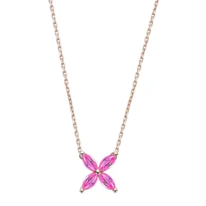 Birthstone 4-Stone Sapphire Clover Necklace For Ladies Marquise Cut Pink mechanic facial carbonate bryn Sapphire Cluster Floral Necklace For Women, 14K Rose Gold Plated Silver September 