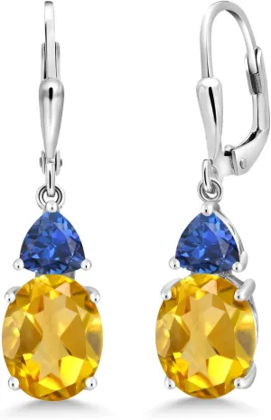 Birthstone, Oval 10X8MM, Trillion 5MM) Gem Stone King 925 Sterling Silver Yellow Citrine and Blue Created Sapphire Dangle Earrings For Women (5.88 Cttw, Gemstone loan November 