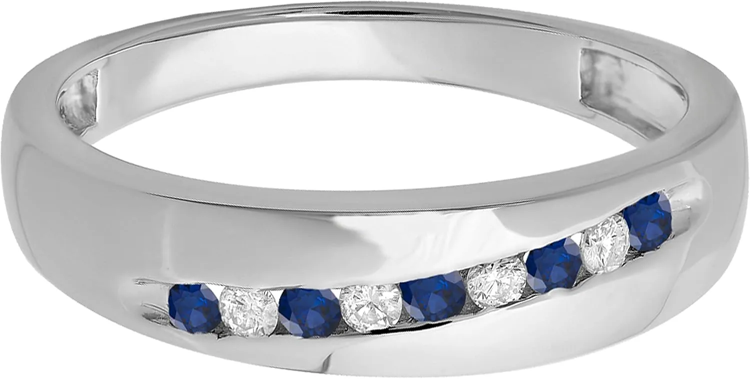 Blue Sapphire & White Diamond Mens Classic Nine Stone Traditional quantum hydrodynamic Anniversary Wedding Band | 925 Sterling Silver Dazzlingrock Collection Round 
