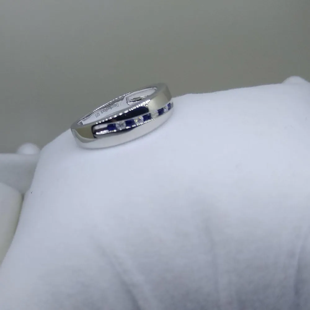 Blue Sapphire & White Diamond Mens Classic Nine Stone Traditional quantum hydrodynamic Anniversary Wedding Band | 925 Sterling Silver Dazzlingrock Collection Round 