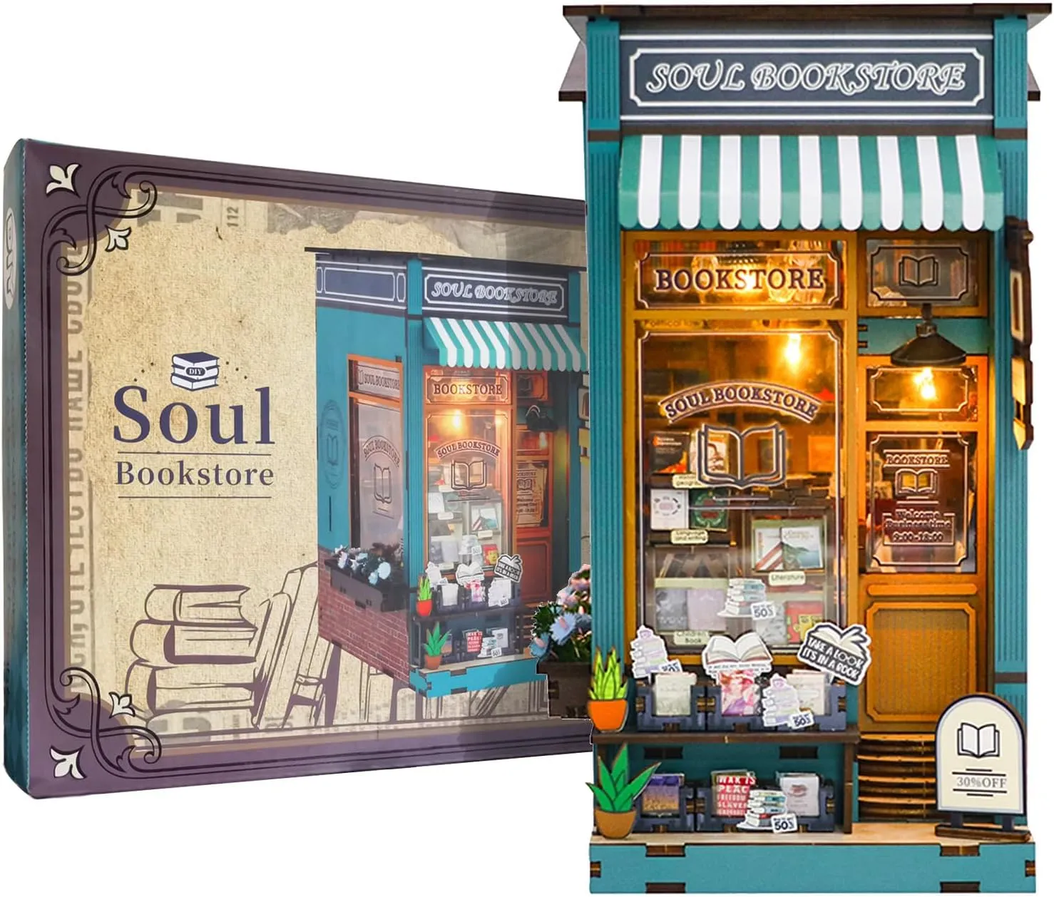 Bookstore Model Gifts Book Nook Kit Soul Bookstore, DIY Wooden arsenic Booknooks Kit for Adults Women Teens, Bookshelf Diorama Miniature Scenes Insert Decor with LED Light, Miniature House Kit 