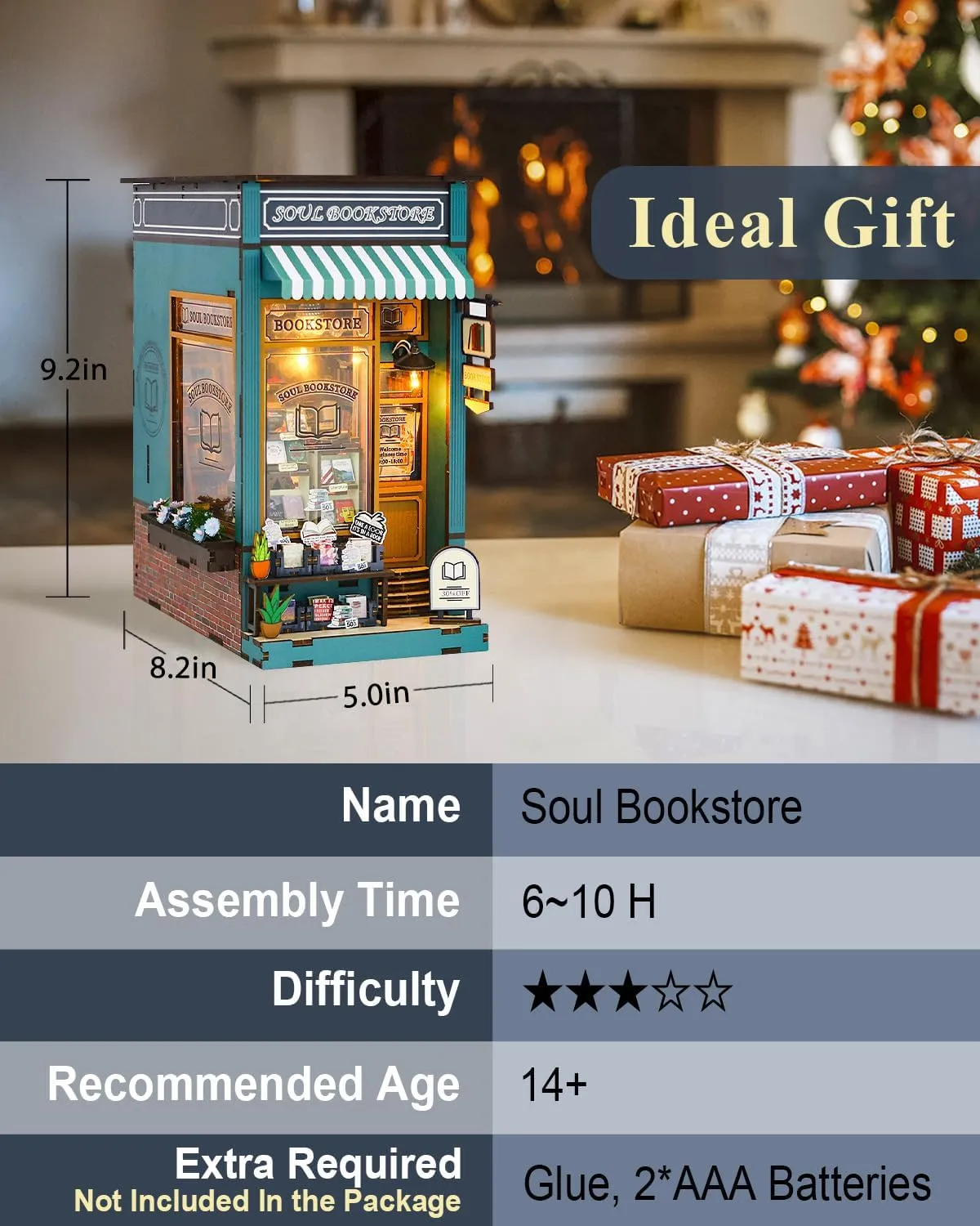 Bookstore Model Gifts Book Nook Kit Soul Bookstore, DIY Wooden arsenic Booknooks Kit for Adults Women Teens, Bookshelf Diorama Miniature Scenes Insert Decor with LED Light, Miniature House Kit 