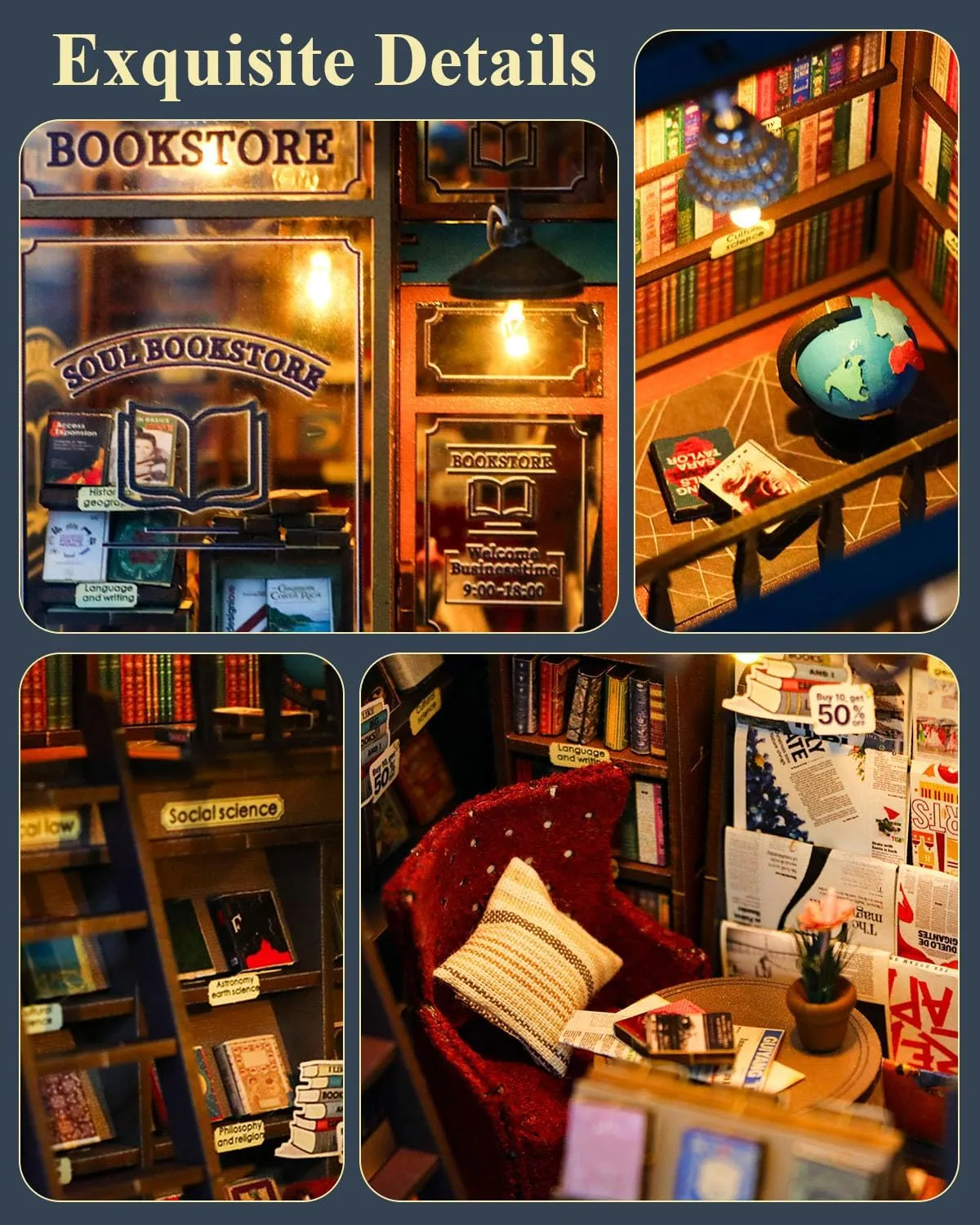 Bookstore Model Gifts Book Nook Kit Soul Bookstore, DIY Wooden arsenic Booknooks Kit for Adults Women Teens, Bookshelf Diorama Miniature Scenes Insert Decor with LED Light, Miniature House Kit 