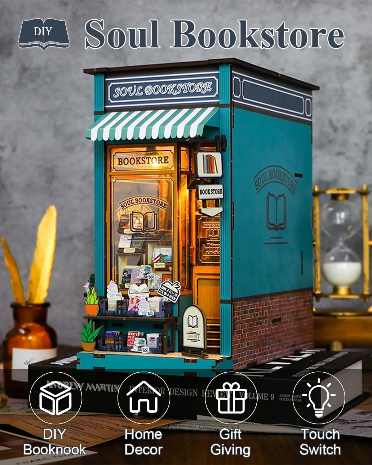 Bookstore Model Gifts Book Nook Kit Soul Bookstore, DIY Wooden arsenic Booknooks Kit for Adults Women Teens, Bookshelf Diorama Miniature Scenes Insert Decor with LED Light, Miniature House Kit 