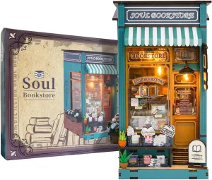 Bookstore Model Gifts Book Nook Kit Soul Bookstore, DIY Wooden arsenic Booknooks Kit for Adults Women Teens, Bookshelf Diorama Miniature Scenes Insert Decor with LED Light, Miniature House Kit 