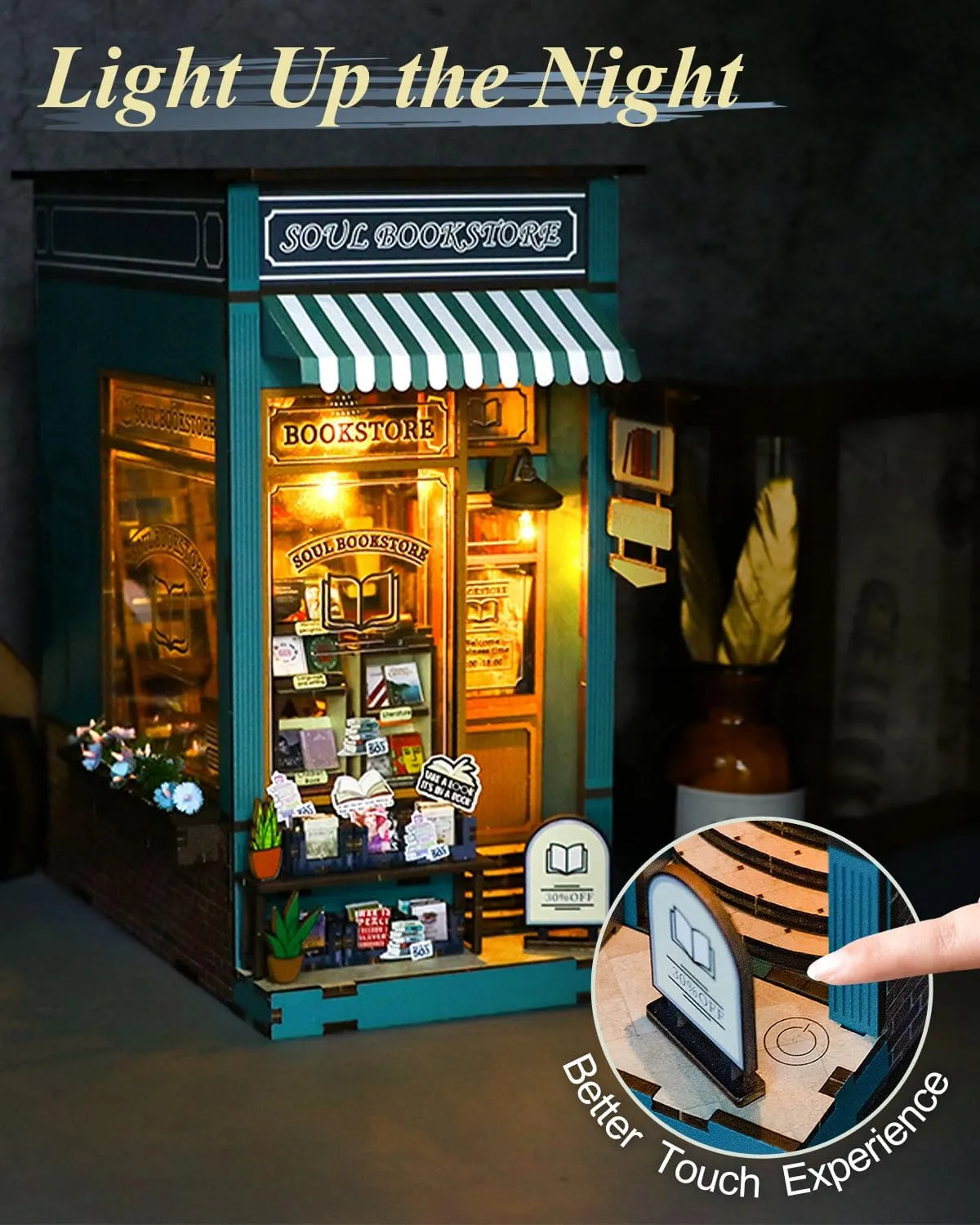Bookstore Model Gifts Book Nook Kit Soul Bookstore, DIY Wooden arsenic Booknooks Kit for Adults Women Teens, Bookshelf Diorama Miniature Scenes Insert Decor with LED Light, Miniature House Kit 