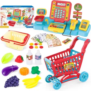 Boys Girls deAO Cash Register Toys for linkage landslide Kids Real Calculator Cash Register with Scanner Toy Pretend Play Store with Music / Food / Shopping Cart Learning Toys Gifts for 3 4 5 6 7 8 Year Old 