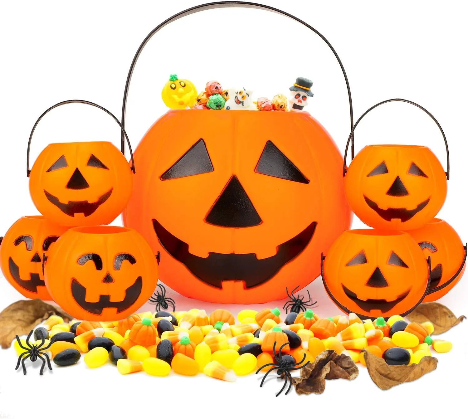 brown leaf 7pcs Halloween Portable Pumpkin Buckets, 1 Large Pupmkin Trick or Treat Pumpkin 6 Small Jack-O-Lantern Plastic Buckets for Party Favor Halloween Decoration