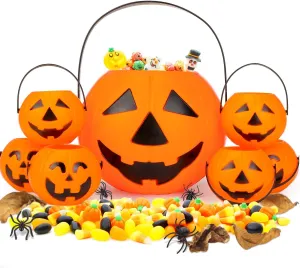 brown leaf 7pcs Halloween Portable Pumpkin Buckets, 1 Large Pupmkin Trick or Treat Pumpkin 6 Small Jack-O-Lantern Plastic Buckets for Party Favor Halloween Decoration