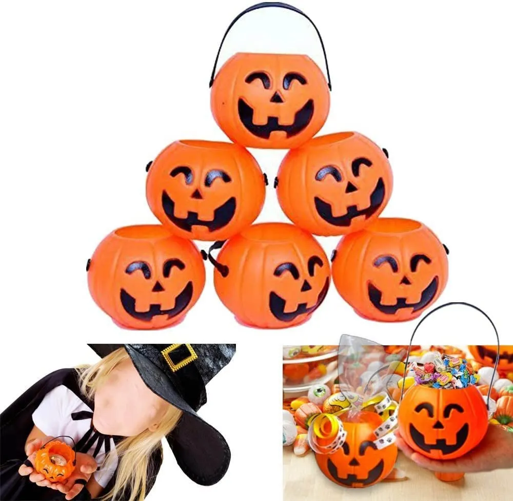 brown leaf 7pcs Halloween Portable Pumpkin Buckets, 1 Large Pupmkin Trick or Treat Pumpkin 6 Small Jack-O-Lantern Plastic Buckets for Party Favor Halloween Decoration