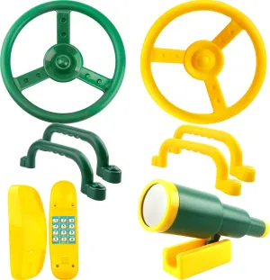 bureau incorporate Outdoor Backyard Treehouse (Color Set 1) 8 Pcs Kids Playground Accessories Plastic Steering Wheel Playhouse Safety Handle Swingset Telephone Telescope Swingset Equipment for 