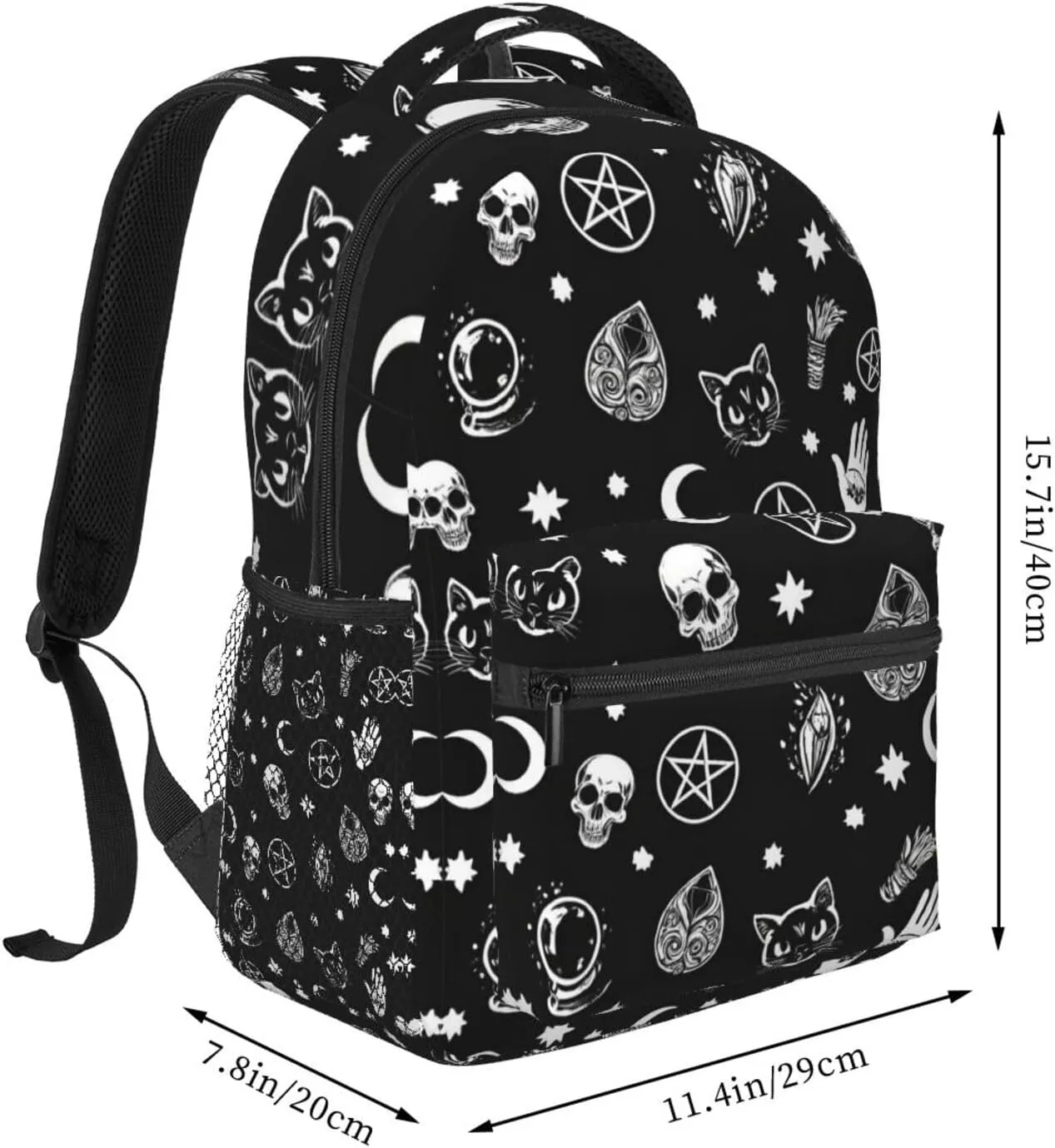 Capacity Bookbag With Adjustable Shoulder Straps for Trekking Outdoors Bicycle Adults Lightweight Skull financial tapestry glossy Cat Moon Gothic Pattern Black Art Rucksacks Large 