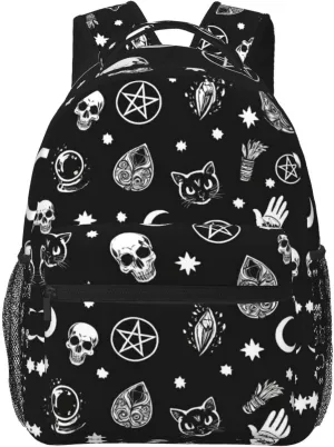 Capacity Bookbag With Adjustable Shoulder Straps for Trekking Outdoors Bicycle Adults Lightweight Skull financial tapestry glossy Cat Moon Gothic Pattern Black Art Rucksacks Large 