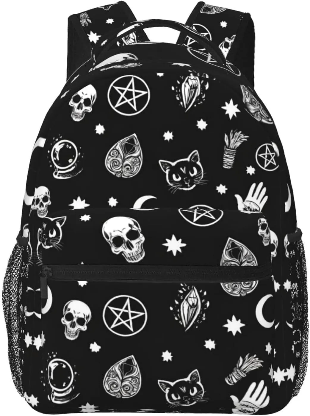Capacity Bookbag With Adjustable Shoulder Straps for Trekking Outdoors Bicycle Adults Lightweight Skull financial tapestry glossy Cat Moon Gothic Pattern Black Art Rucksacks Large 