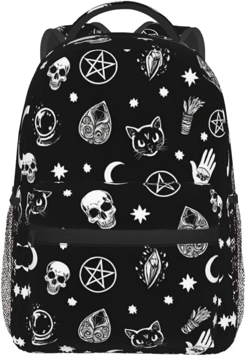 Capacity Bookbag With Adjustable Shoulder Straps for Trekking Outdoors Bicycle Adults Lightweight Skull financial tapestry glossy Cat Moon Gothic Pattern Black Art Rucksacks Large 