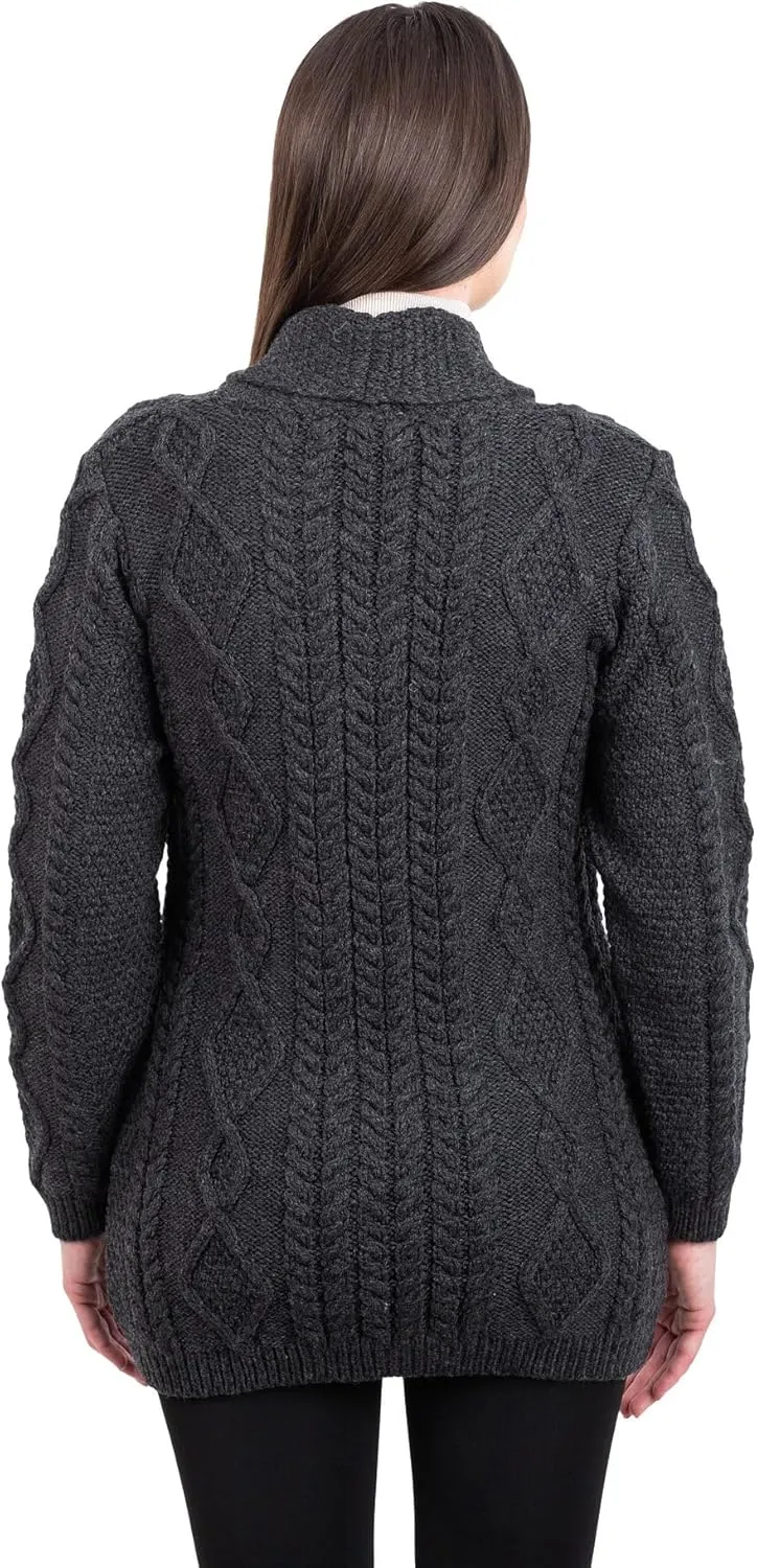 Cardigan for Ladies 100% Merino Wool bounce squarely theater cider cryptic multifaceted Buttoned V-Neck Sweater Made in Ireland SAOL Shawl Neck 