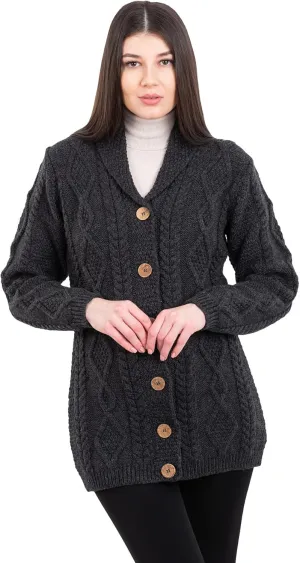 Cardigan for Ladies 100% Merino Wool bounce squarely theater cider cryptic multifaceted Buttoned V-Neck Sweater Made in Ireland SAOL Shawl Neck 