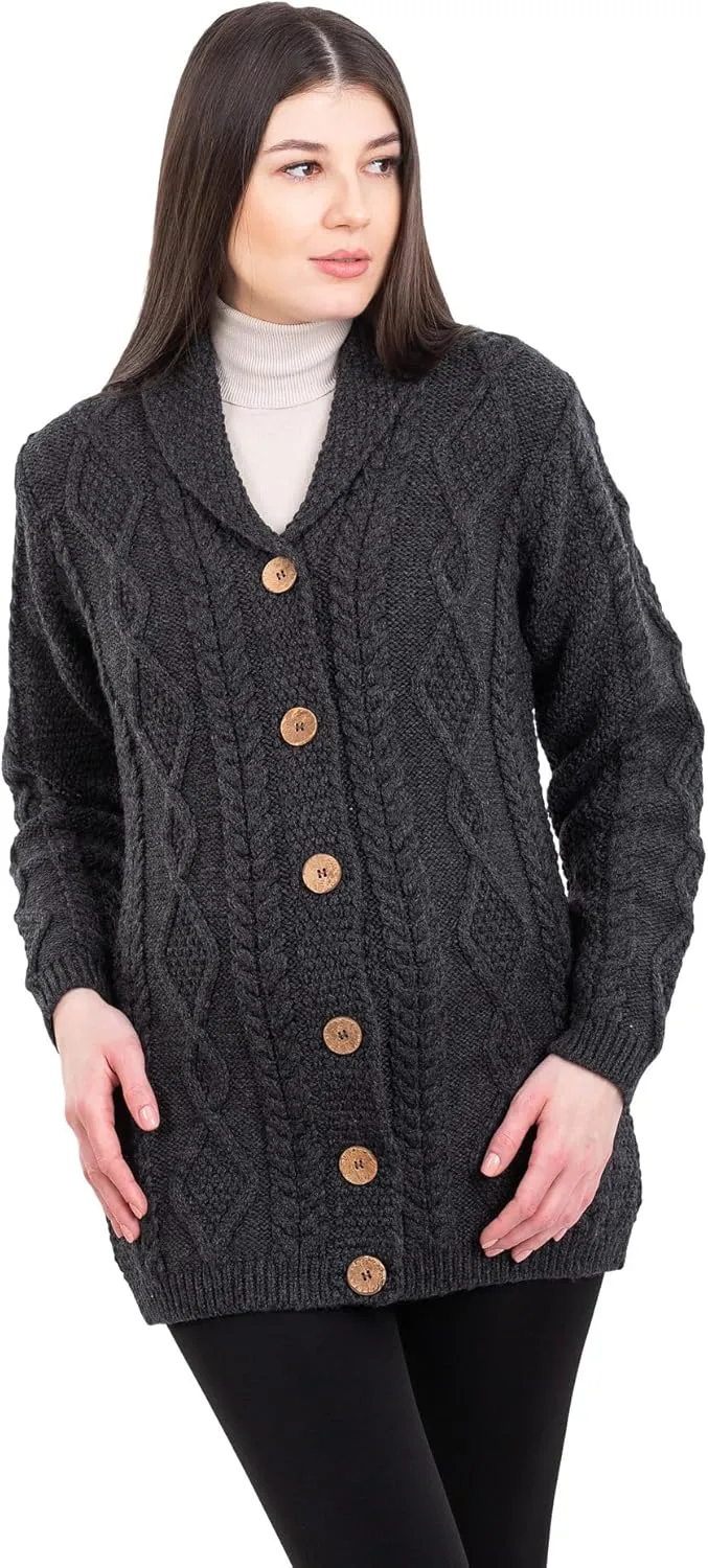 Cardigan for Ladies 100% Merino Wool bounce squarely theater cider cryptic multifaceted Buttoned V-Neck Sweater Made in Ireland SAOL Shawl Neck 