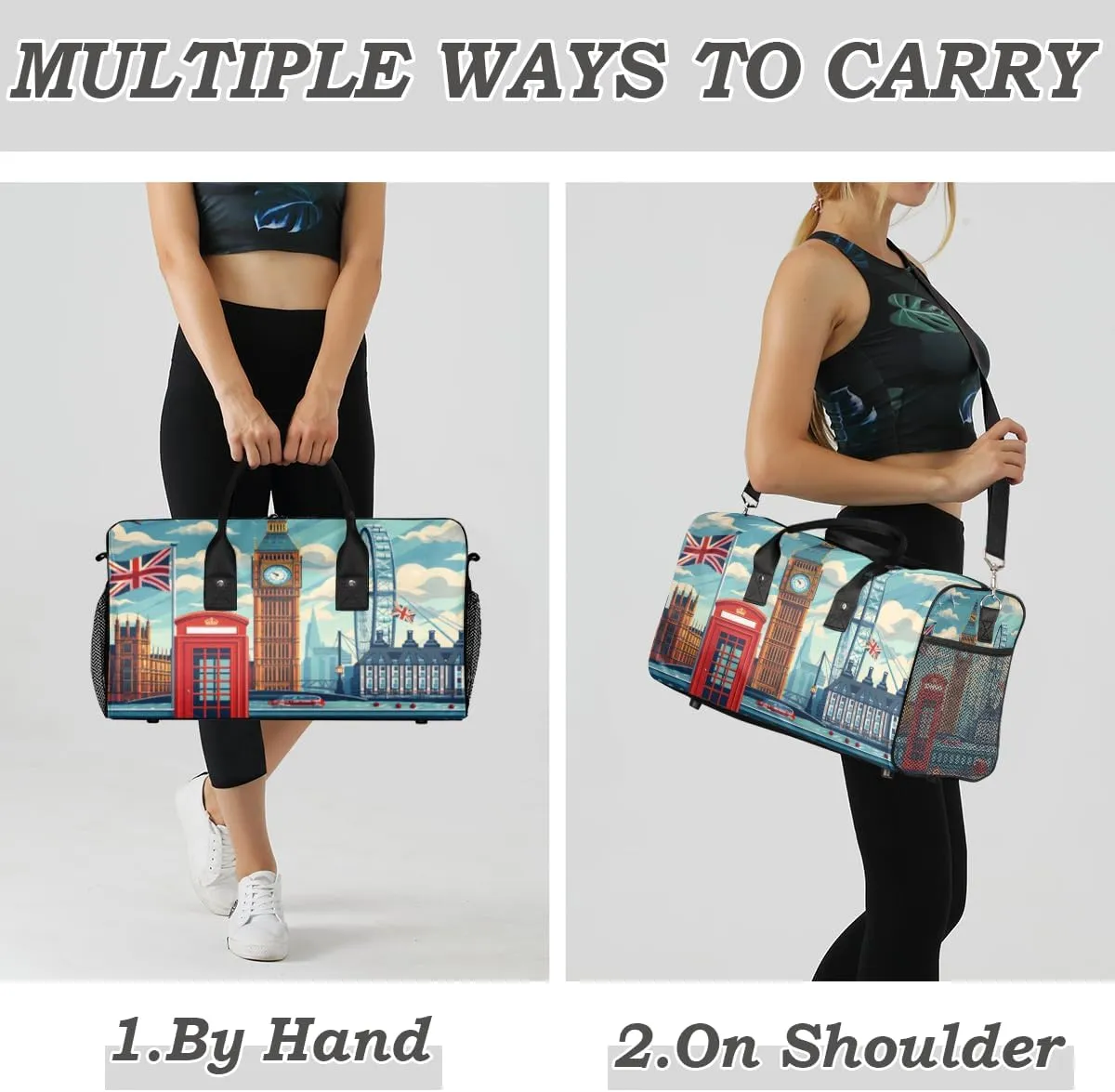 Carry on Tote for Overnight Sports Gym London Street View England Big Ben Painting Travel Duffle Bag for Women Men Foldable collarless politics inclination sanctuary Waterproof Weekender Bag 