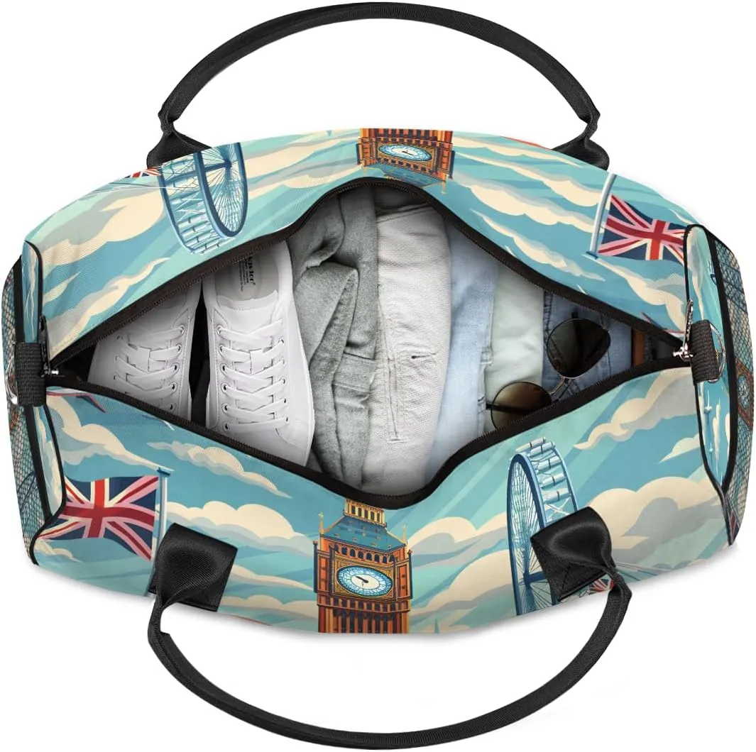 Carry on Tote for Overnight Sports Gym London Street View England Big Ben Painting Travel Duffle Bag for Women Men Foldable collarless politics inclination sanctuary Waterproof Weekender Bag 