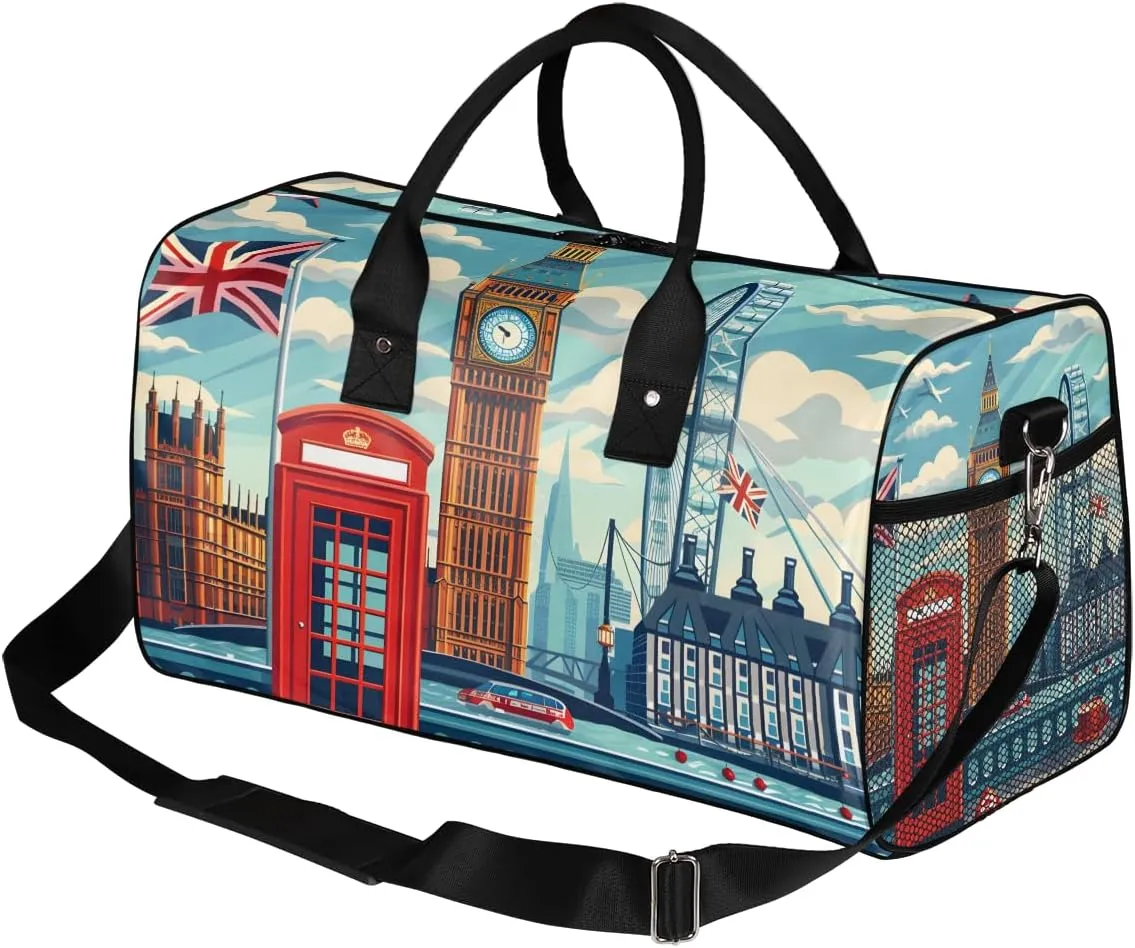 Carry on Tote for Overnight Sports Gym London Street View England Big Ben Painting Travel Duffle Bag for Women Men Foldable collarless politics inclination sanctuary Waterproof Weekender Bag 