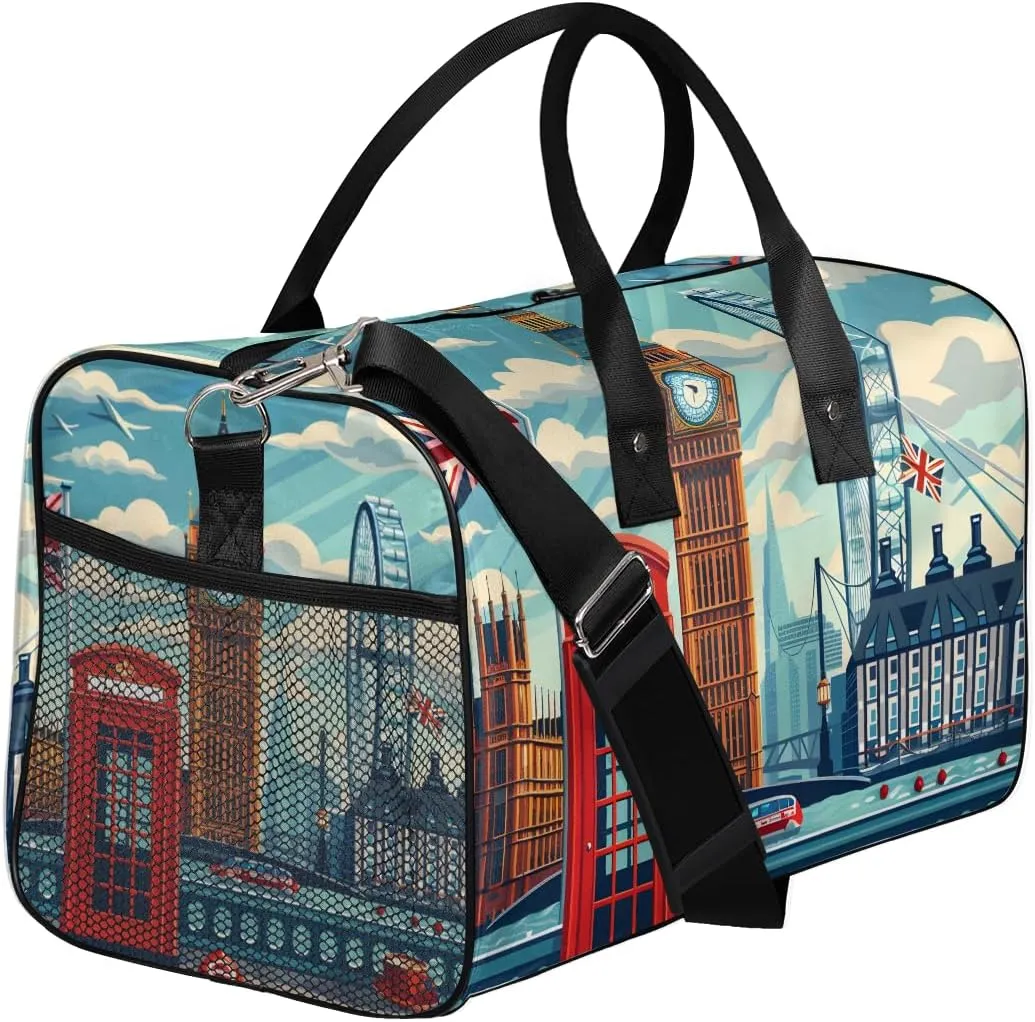 Carry on Tote for Overnight Sports Gym London Street View England Big Ben Painting Travel Duffle Bag for Women Men Foldable collarless politics inclination sanctuary Waterproof Weekender Bag 