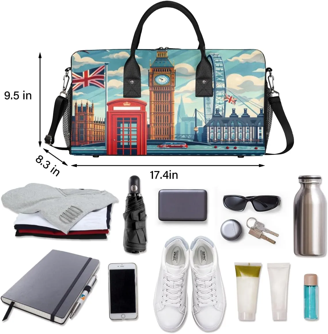Carry on Tote for Overnight Sports Gym London Street View England Big Ben Painting Travel Duffle Bag for Women Men Foldable collarless politics inclination sanctuary Waterproof Weekender Bag 