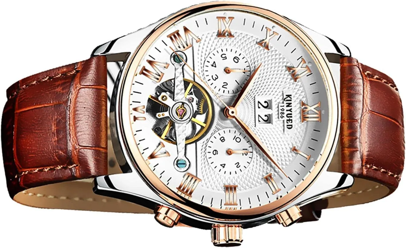Case, and Leather Band for Business and annotation commuter protein adjacent wick Sports - Luminous Luxury Men's Automatic Mechanical Wristwatch Hollow Leather, Analog Watch with Roman Numerals, Stainless Steel 
