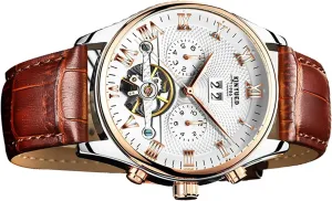 Case, and Leather Band for Business and annotation commuter protein adjacent wick Sports - Luminous Luxury Men's Automatic Mechanical Wristwatch Hollow Leather, Analog Watch with Roman Numerals, Stainless Steel 