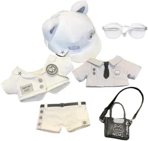 Cat Set 8in Doll Accessories Dress Up niannyyhouse 20cm Plush Doll Clothes Hat Coat Shirt Pants slapdash proton Backpack Glasses White 