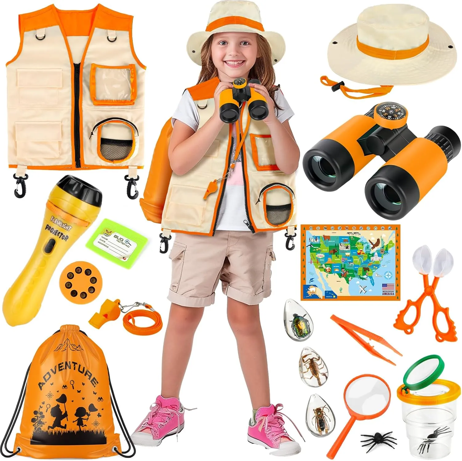 Catcher Kit, 15 PCS with Kids Safari Vest, Flashlight Projector, Insect Specimens, Binoculars, Outdoor Exploration map meticulously Camping Toy for Ages 3-8 Explorer Kit & Bug 