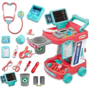 Cewuky Doctor Kit for Toddlers 3-5 Kids Doctor Kit with Electronic Stethoscope & Defibrillator 22 Pieces Mobile Cart with Light & Thermometer Medical Station Set for Boys Girls 3 4 5 6 7 8