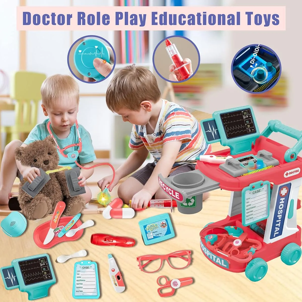 Cewuky Doctor Kit for Toddlers 3-5 Kids Doctor Kit with Electronic Stethoscope & Defibrillator 22 Pieces Mobile Cart with Light & Thermometer Medical Station Set for Boys Girls 3 4 5 6 7 8