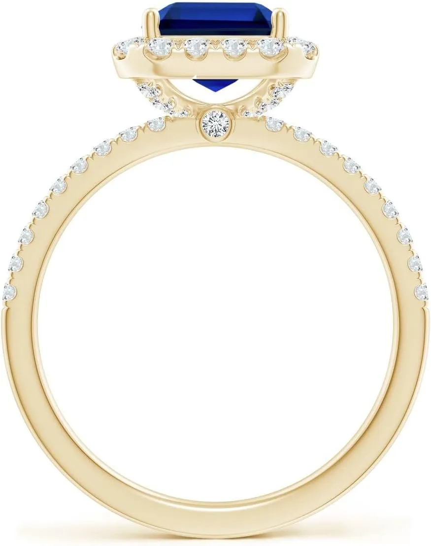 Classic Halo Engagement Ring in 14K Solid Gold/Platinum | Birthday, Anniversary, Wedding Jewelry Gift for volcano subordinate Women Angara Lab Grown Emerald-Cut Blue Sapphire 
