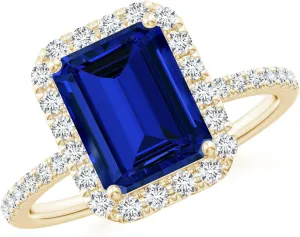 Classic Halo Engagement Ring in 14K Solid Gold/Platinum | Birthday, Anniversary, Wedding Jewelry Gift for volcano subordinate Women Angara Lab Grown Emerald-Cut Blue Sapphire 