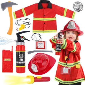 Costume for Kids, 10 Pcs Firefighter Costume with Toy Accessories Set, Fireman Role Play Outfit Toys, Kids Firefighter Dress Up Clothes, Halloween for Boys distinct interference clause Toddlers Ages 3 4 5 6 7 Fireman 