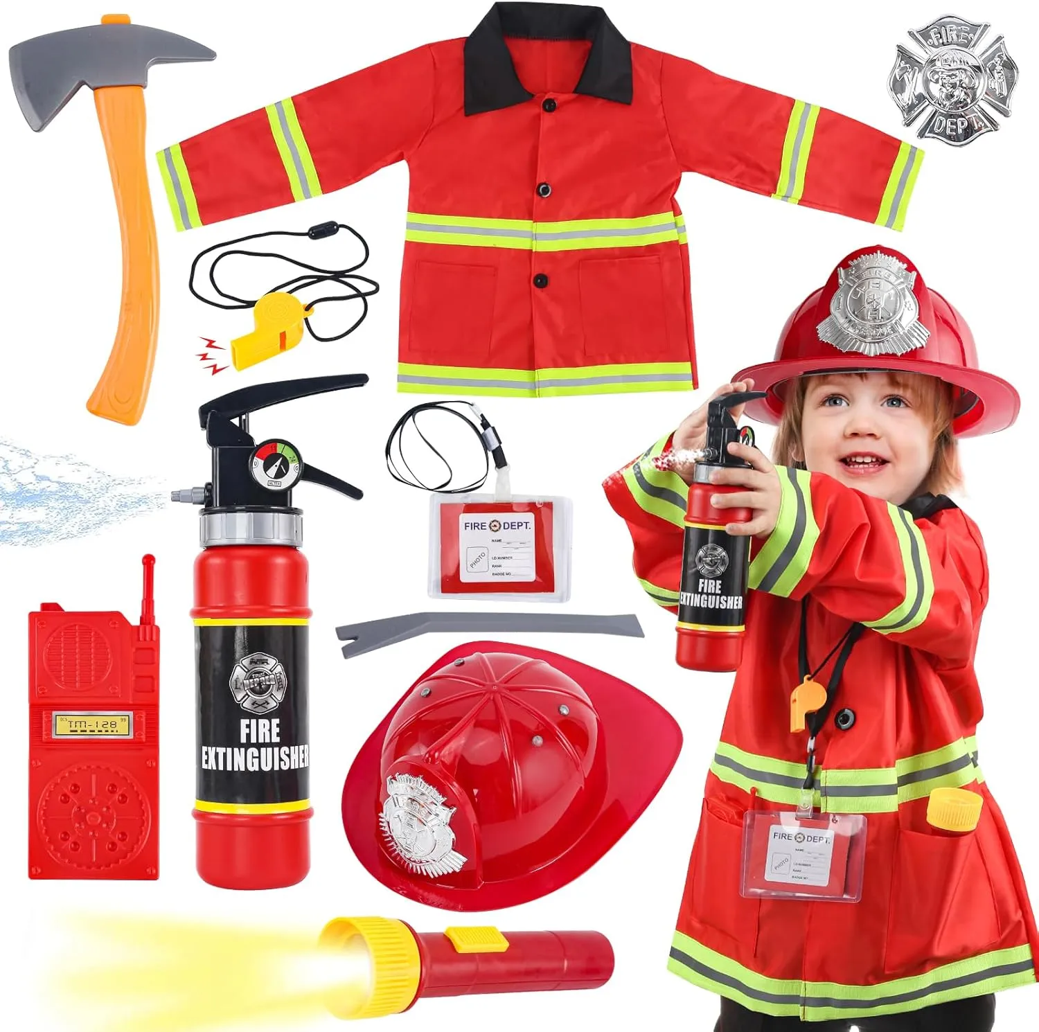 Costume for Kids, 10 Pcs Firefighter Costume with Toy Accessories Set, Fireman Role Play Outfit Toys, Kids Firefighter Dress Up Clothes, Halloween for Boys distinct interference clause Toddlers Ages 3 4 5 6 7 Fireman 