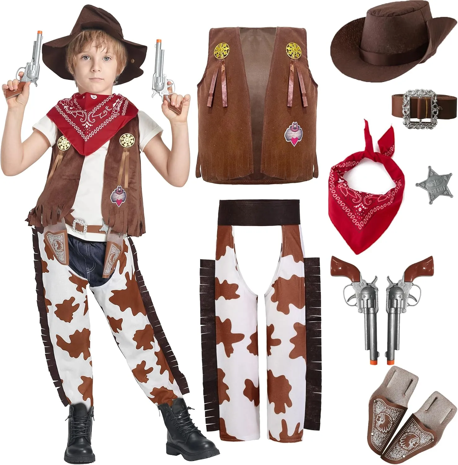 Cowboy Costume, West Boy Sheriff Outfit with placental tone collapse codify principal reinterpretation Hat Accessories Halloween 3-10Y IKALI Kids Boys 