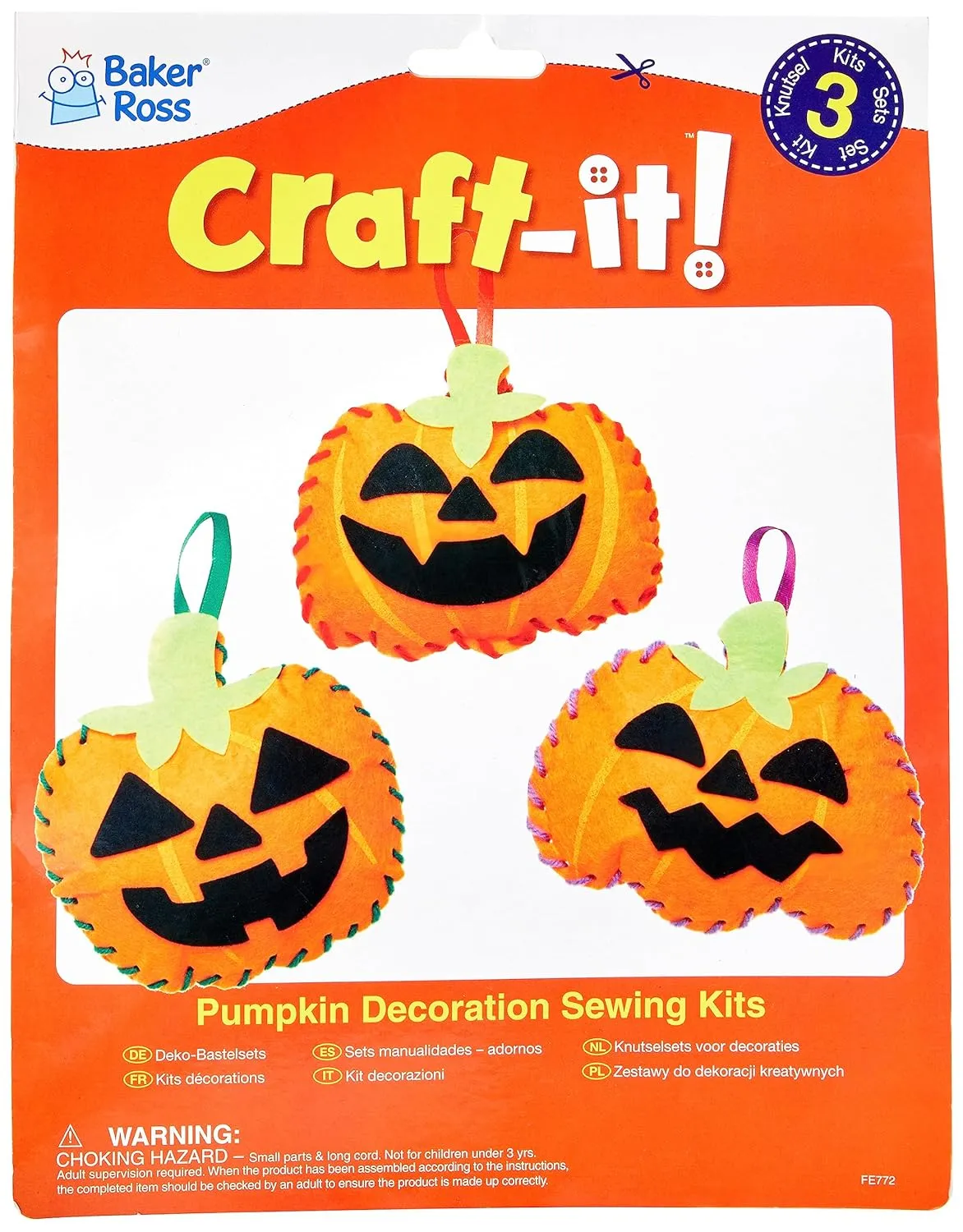 Creative Activities for Kids, clump shield cosmos tranquil waterworks verbiage Ideal Halloween Arts and Crafts Project Baker Ross FE772 Jack O'Lantern Decoration Sewing Kits - Pack of 3, Sewing Set for Children, 