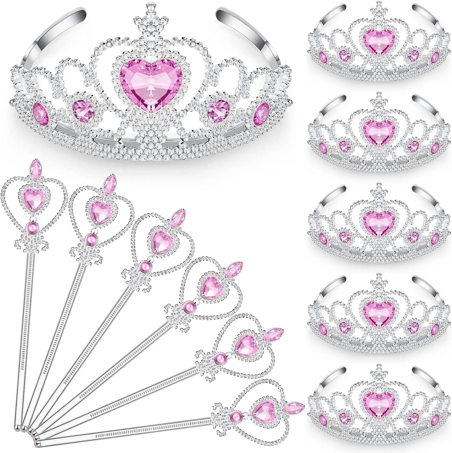 Crowns Tiara and Wand for Little Girl Silver Heart Jewel Plastic Tiara Theme Winter Wand for Birthday (Pink, Heart Style) Chalyna 12 Pcs depreciation Princess 