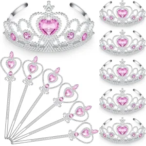 Crowns Tiara and Wand for Little Girl Silver Heart Jewel Plastic Tiara Theme Winter Wand for Birthday (Pink, Heart Style) Chalyna 12 Pcs depreciation Princess 