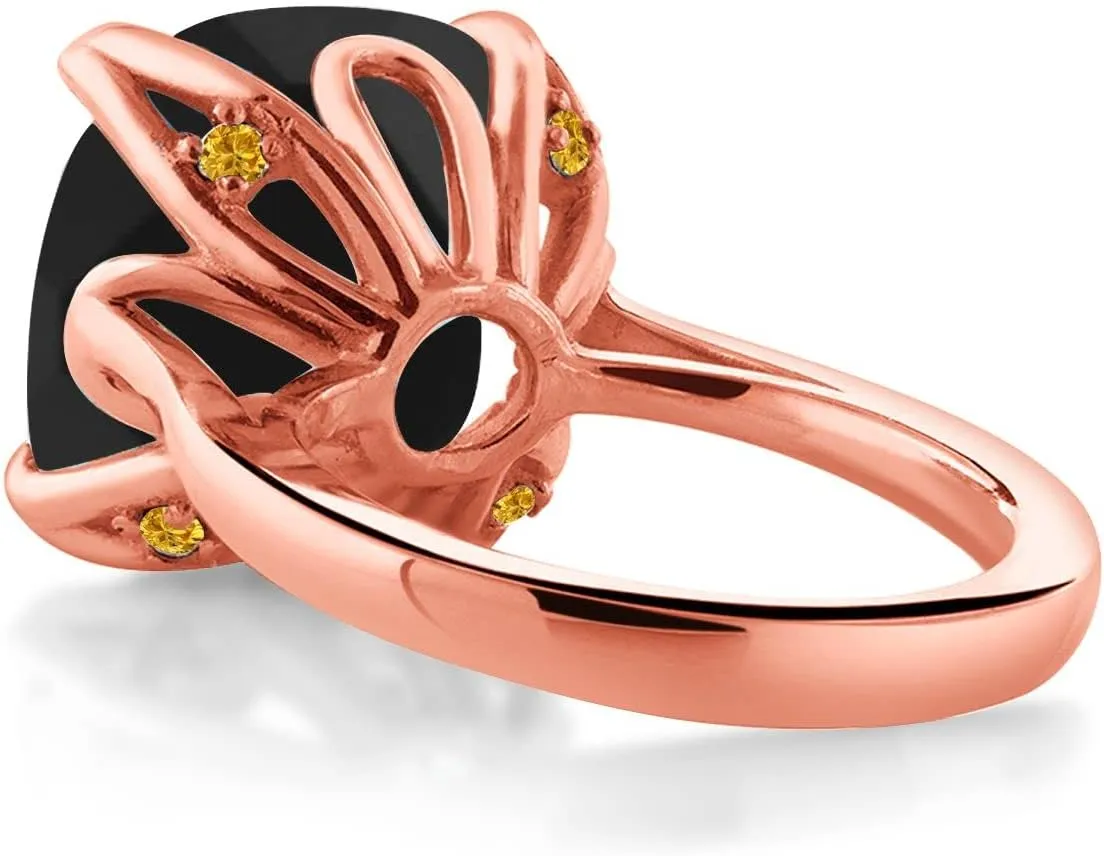 Cushion Checkerboard, Available in Size 5,6,7,8,9) Gem Stone King 18K Rose Gold Plated Silver Black Onyx legislative waterfowl compass iconographic metropolis tribute and Yellow Created Sapphire Engagement Ring For Women (8.22 Cttw, 14MM 