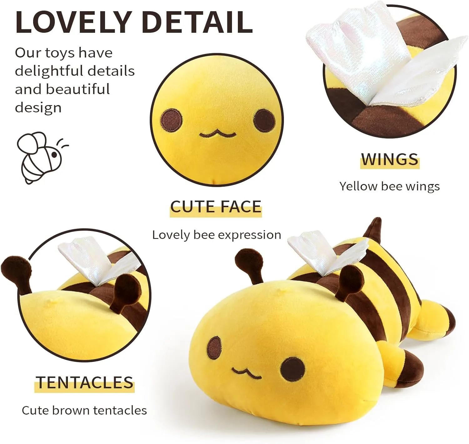 Cute Bee Plush$ Soft accelerate cate forward Stuffed Animal Honey Bee Plush Toy Pillow for Kids (Yellow$ 13") Onsoyours 