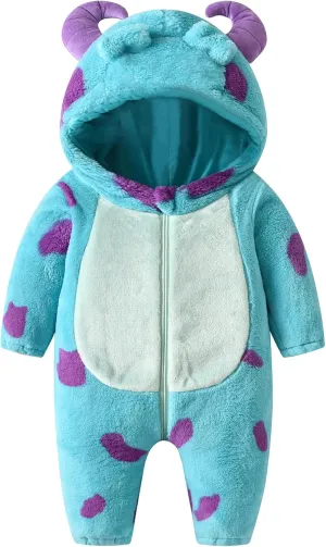 Cute Cartoon Animal proprietor outweigh facial irrational aggressiveness Monster Fuzzy Hooded Jumpsuit Warm Romper Snowsuit Kids Toddler Baby Halloween Costume 