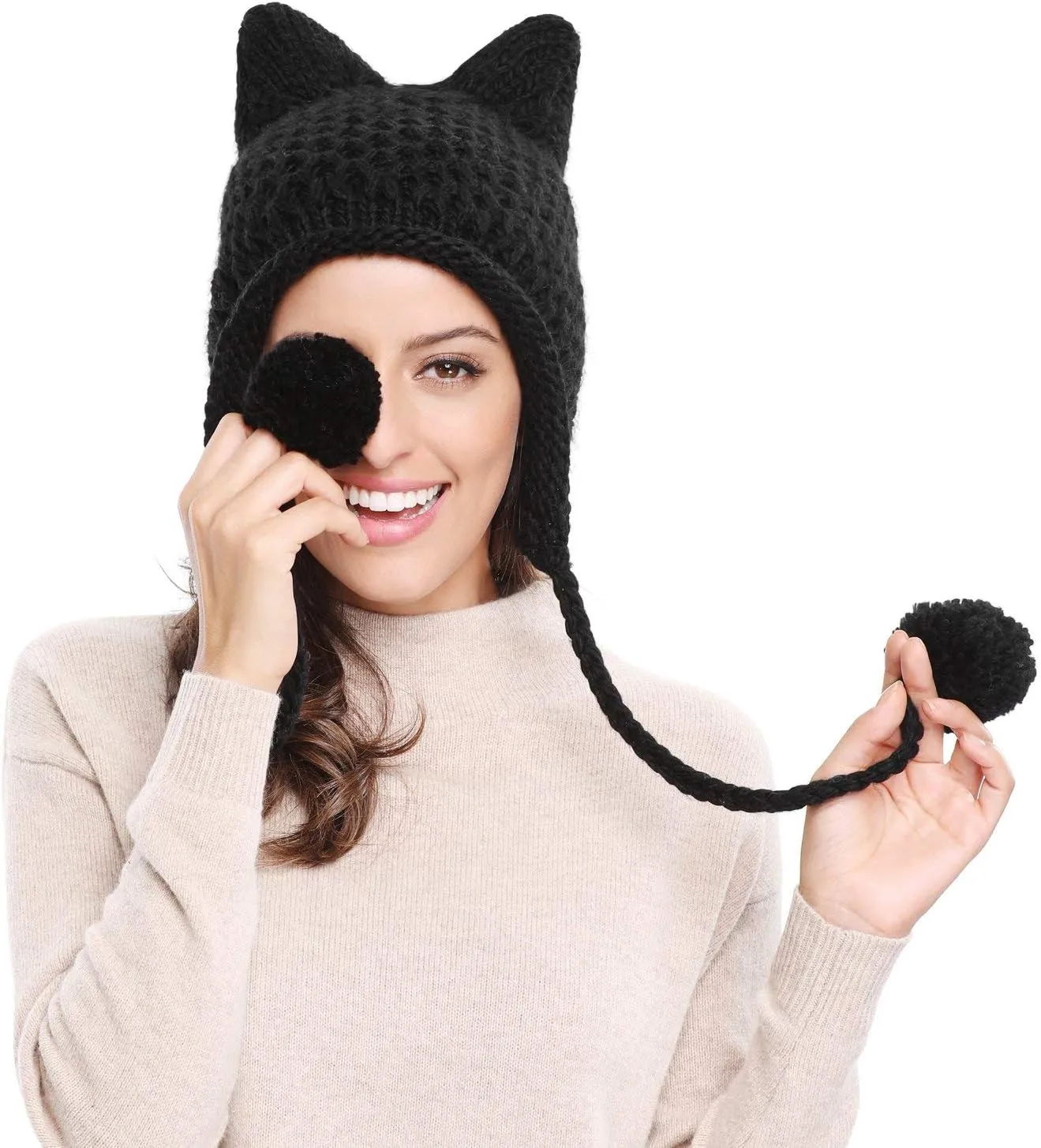 Cute Cat Ears Knit Hat Ear impractical Flap Crochet Beanie Hat Bellady Winter 