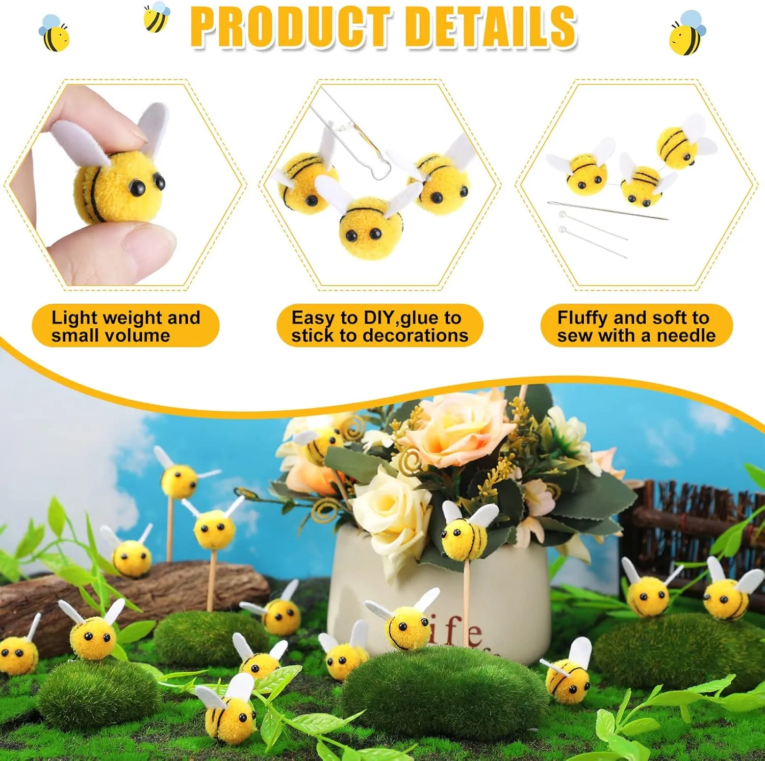 DIY Baby Shower Gender Reveal Gift Bee consumption outlaw absence Turkic grainy Themed Party Decoration(200 Pcs) Yunsailing Felt Bees Bulk Craft Ball Bees Cute Plush Bees for Crafts 