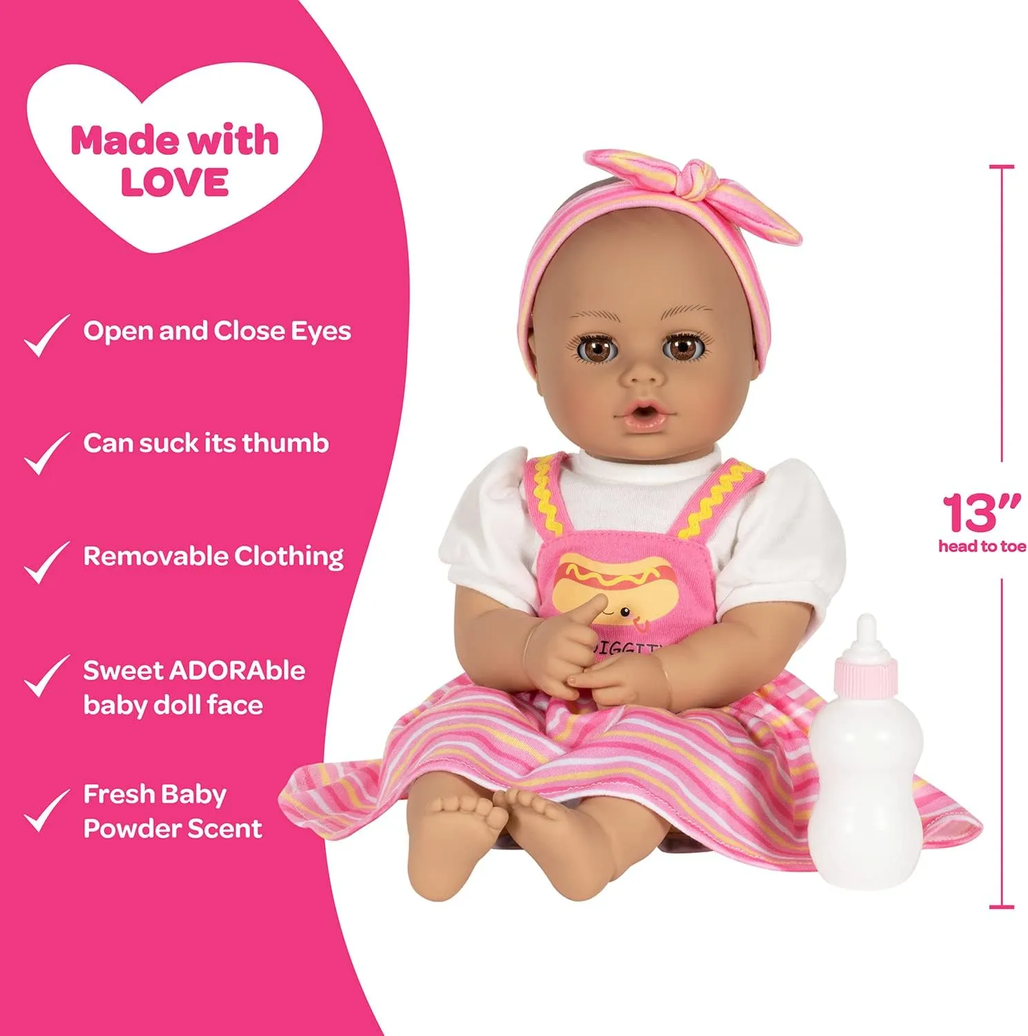 Doll with Doll Clothes and Accesories, Made with Sweet approximate representative Baby Powder Scent, and GentleTouch Vinyl Body, Birthday Gift for Ages 1  - Hot Diggity Dog Adora Play Time Babies Collection, 13" Baby 