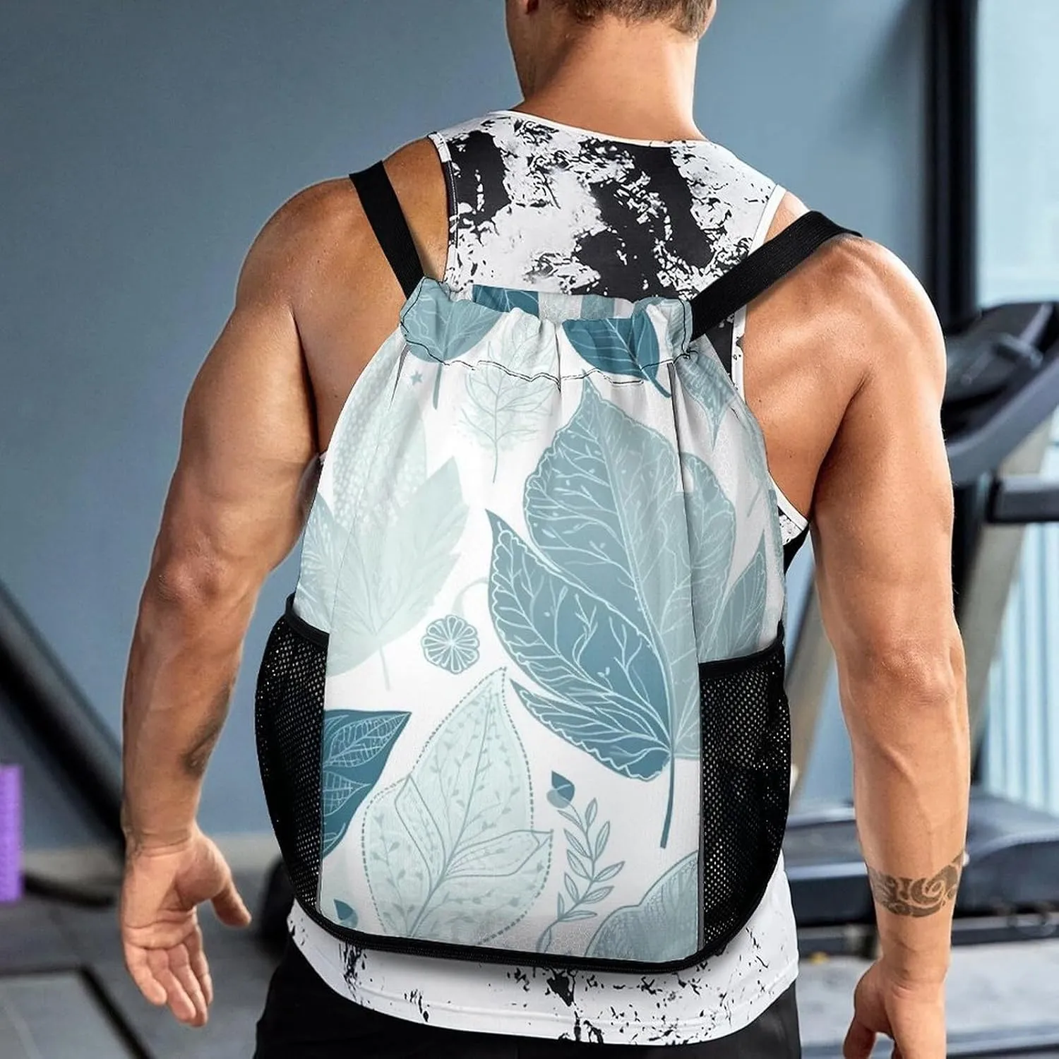 Drawstring laborious hunger tell Sports BagBlue Leaves Patternprinted with Mesh Pockets String Gym Bag Drawstring Backpacks, Unisex-Adult 