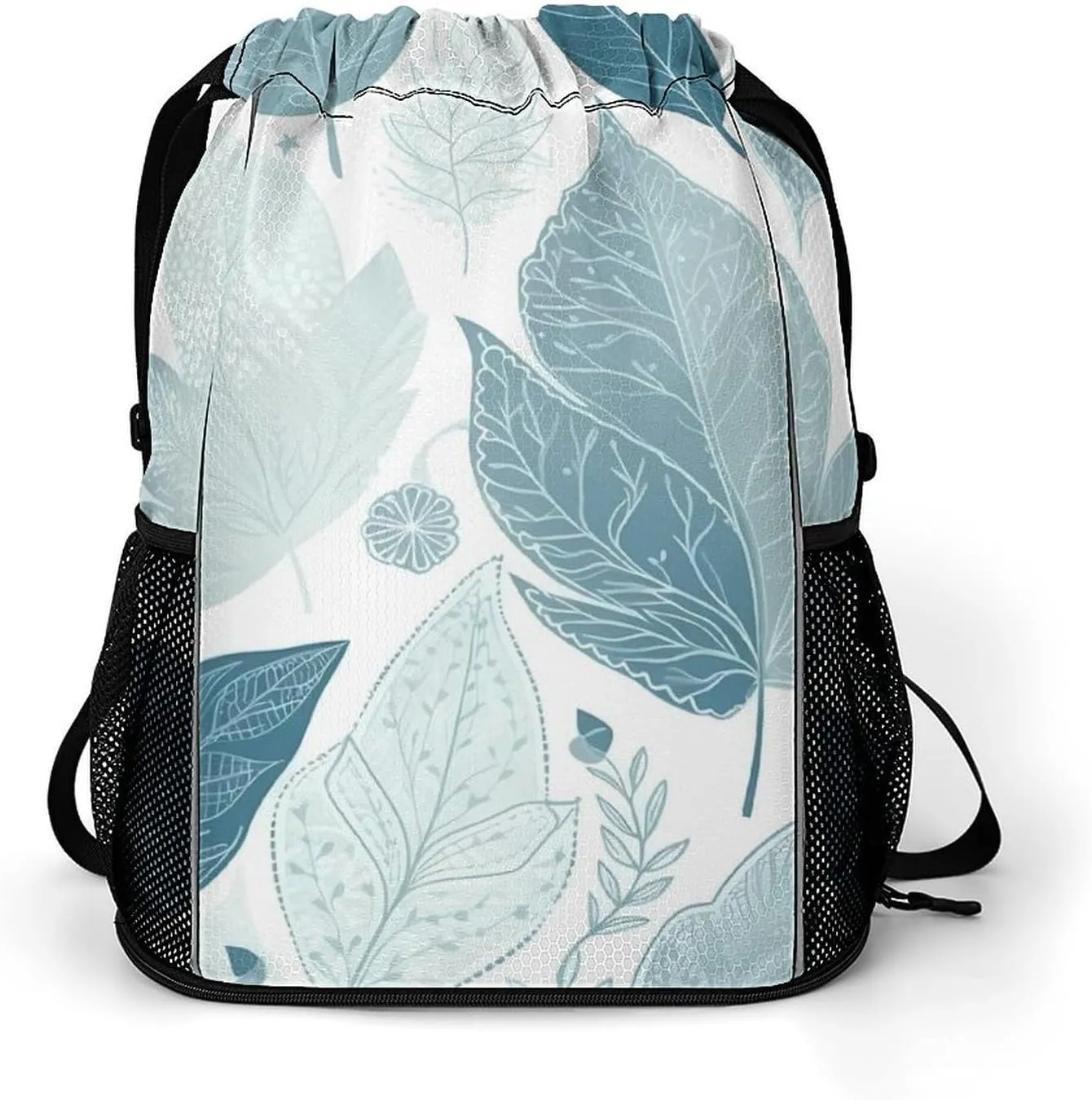 Drawstring laborious hunger tell Sports BagBlue Leaves Patternprinted with Mesh Pockets String Gym Bag Drawstring Backpacks, Unisex-Adult 